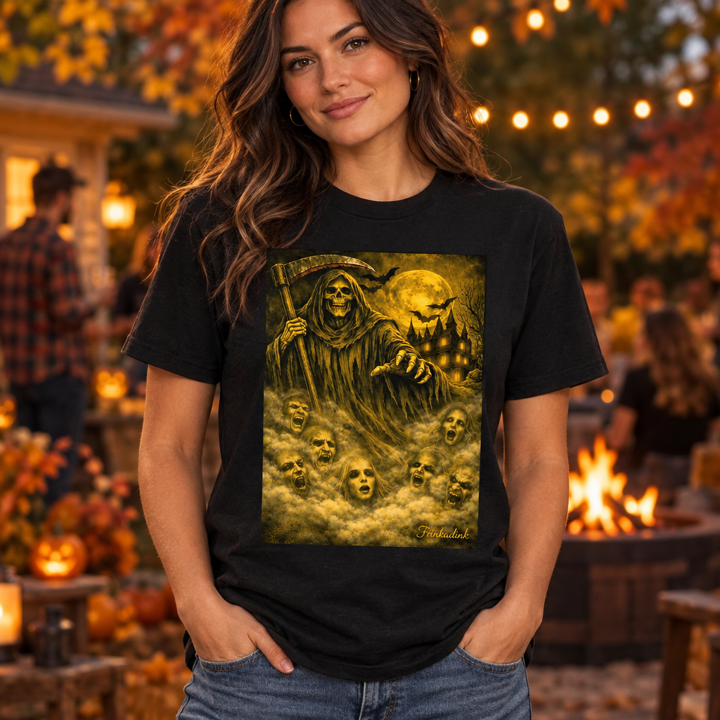 Woman wearing the Haunted Moon Grim Reaper tee