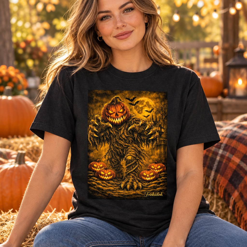 Woman wearing the jack-o’-lantern Halloween tee
